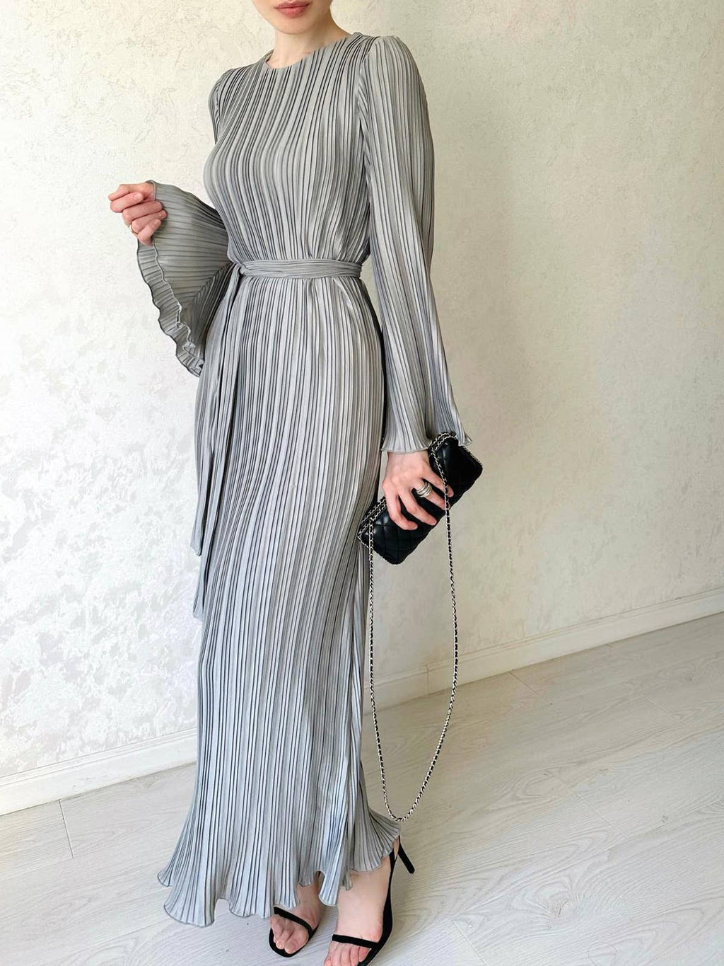 Micro Pleated Flared Sleeve Tie Waist Maxi Dress