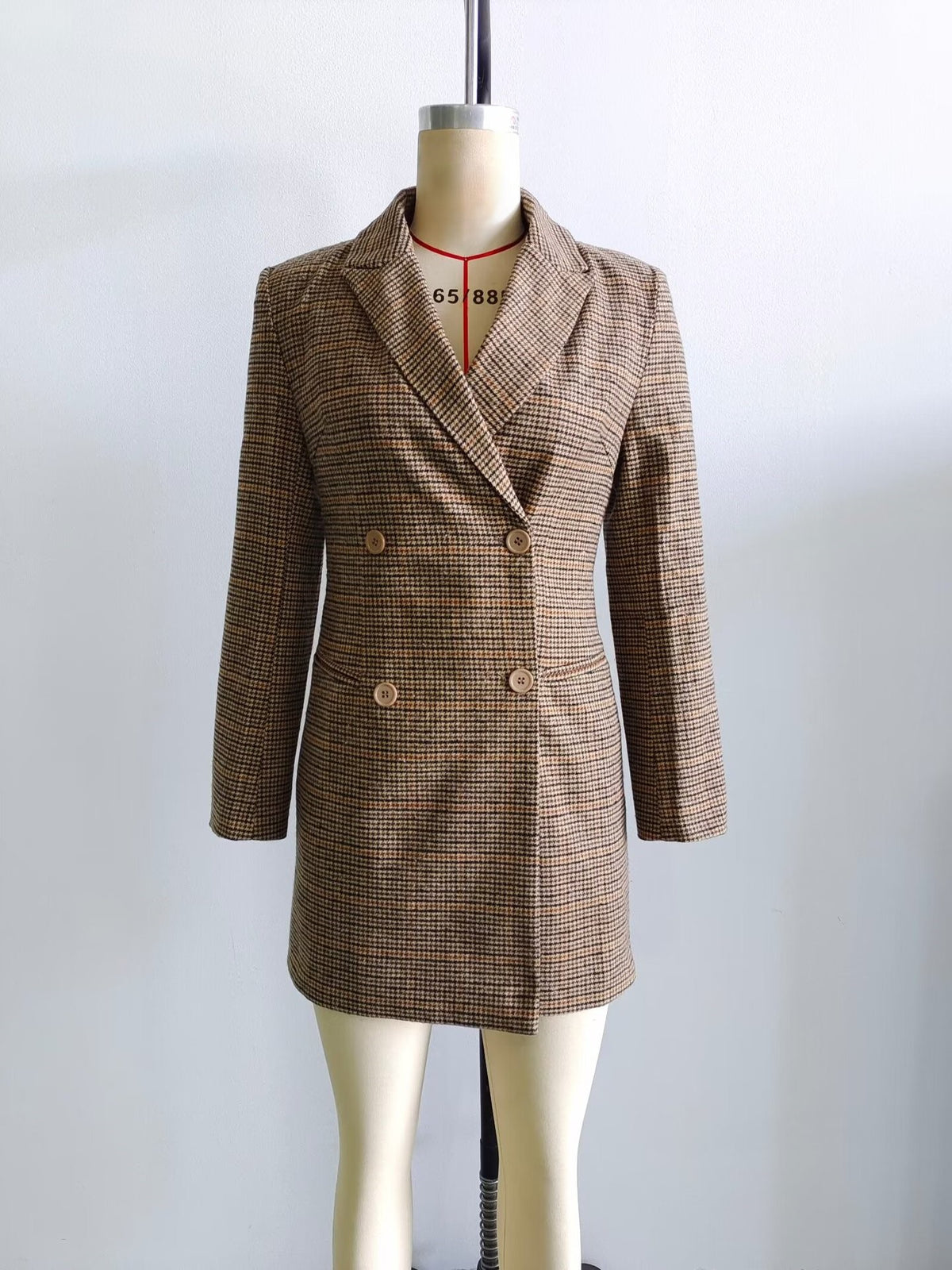 Houndstooth Double Breasted Longline Blazer - Brown