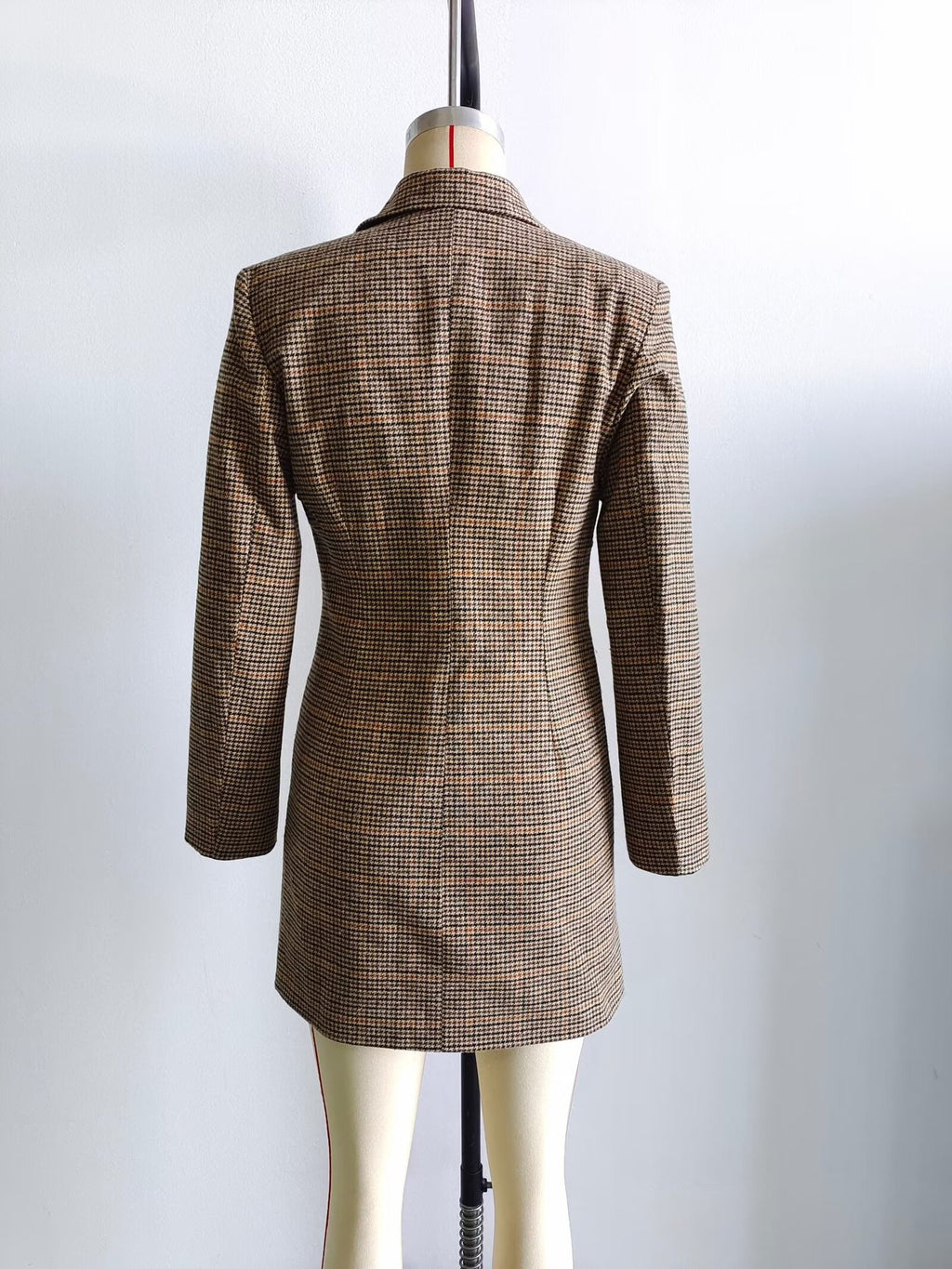 Houndstooth Double Breasted Longline Blazer - Brown - 1