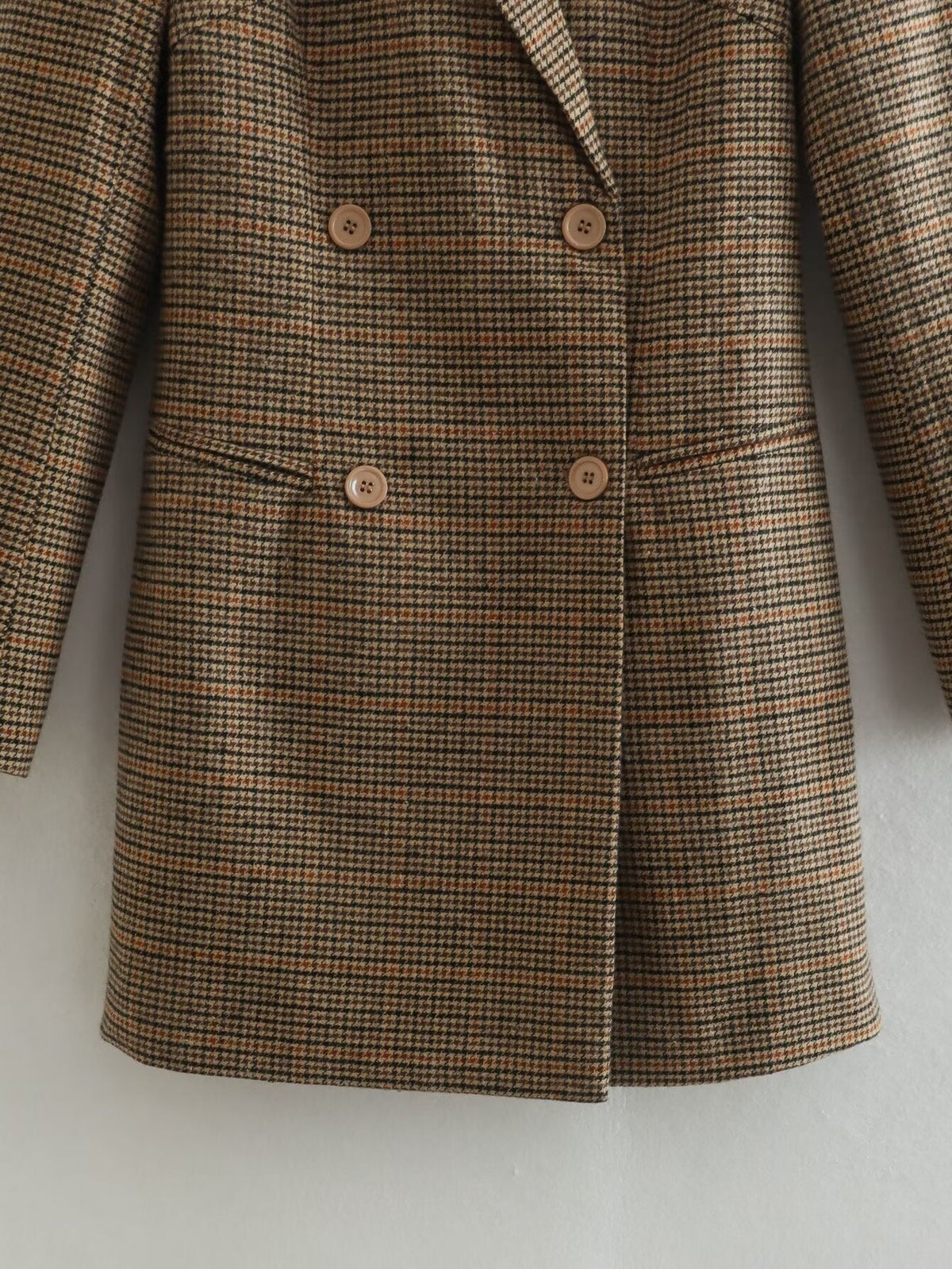 Houndstooth Double Breasted Longline Blazer - Brown - 11
