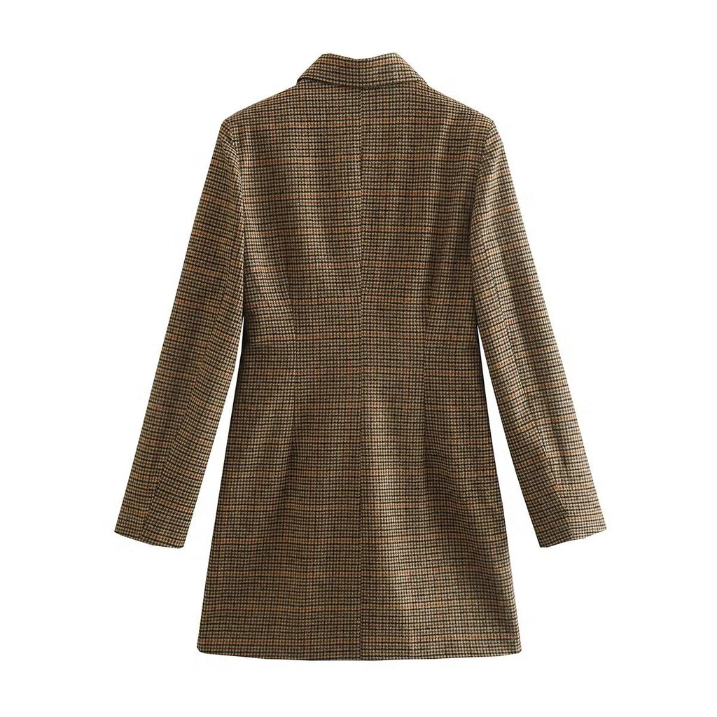Houndstooth Double Breasted Longline Blazer - Brown - 9