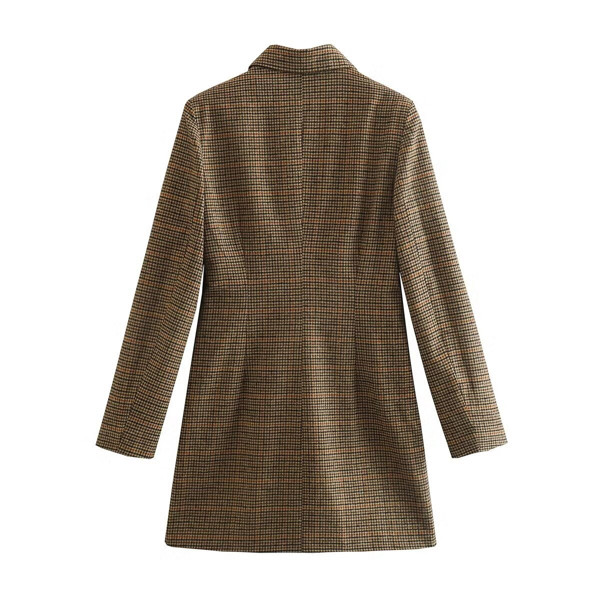 Houndstooth Double Breasted Longline Blazer - Brown - 9