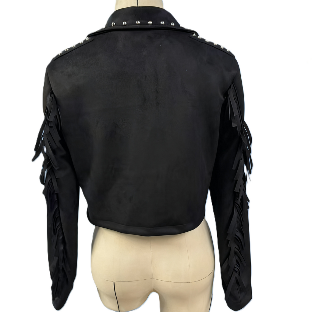 Studded Fringe Cropped Western Suede Jacket - Black
