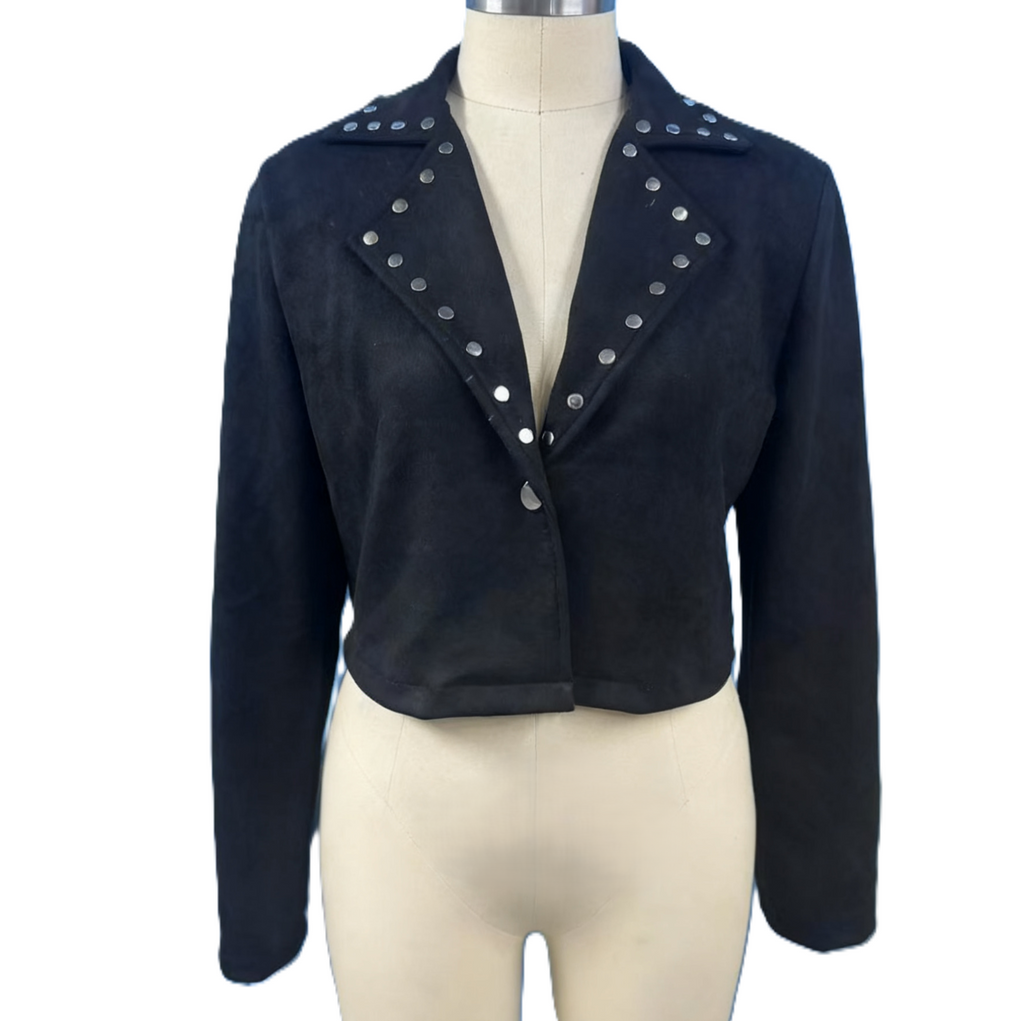 Studded Fringe Cropped Western Suede Jacket - Black - 1