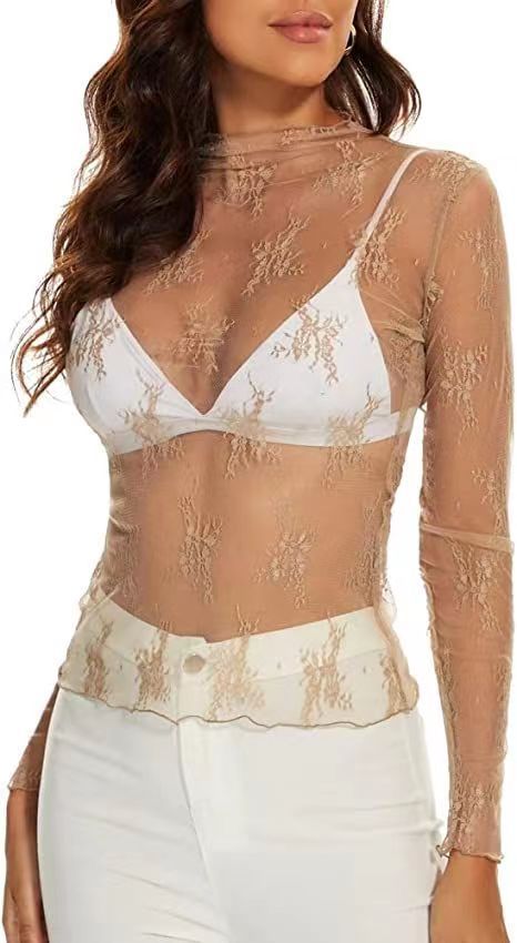 Lace Panel Mock Neck See Through Top - Beige