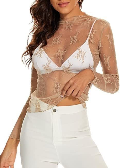 Lace Panel Mock Neck See Through Top - Beige - 2