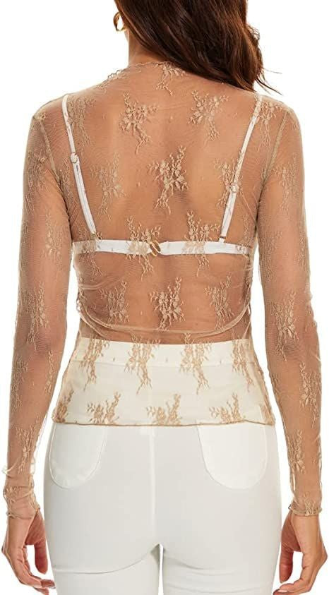 Lace Panel Mock Neck See Through Top - Beige - 3