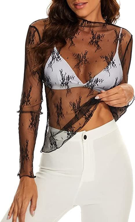 Lace Panel Mock Neck See Through Top - black