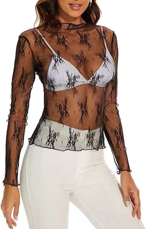 Lace Panel Mock Neck See Through Top - black - 1