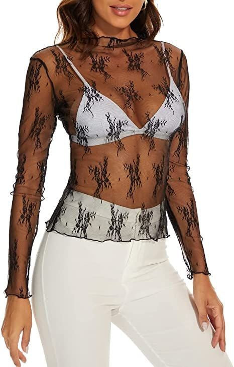 Lace Panel Mock Neck See Through Top - black - 2