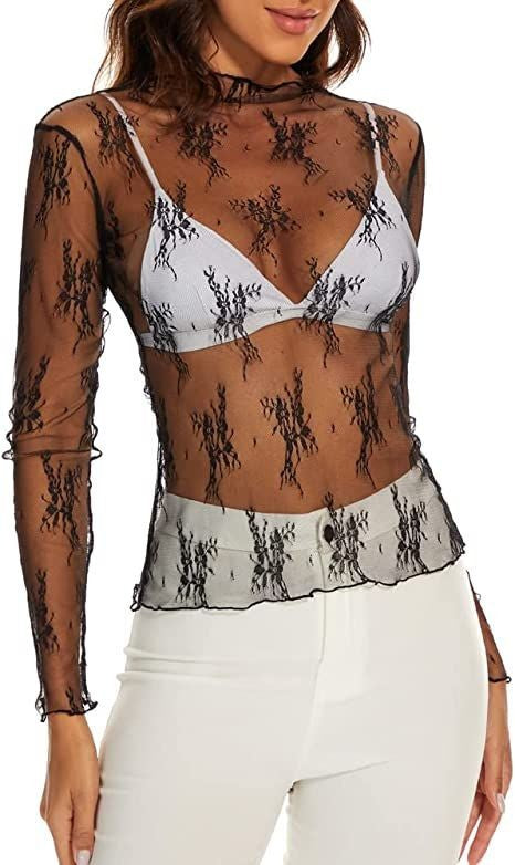 Lace Panel Mock Neck See Through Top - black - 3