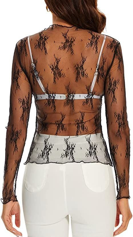 Lace Panel Mock Neck See Through Top - black - 4