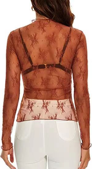 Lace Panel Mock Neck See Through Top - rust - 1
