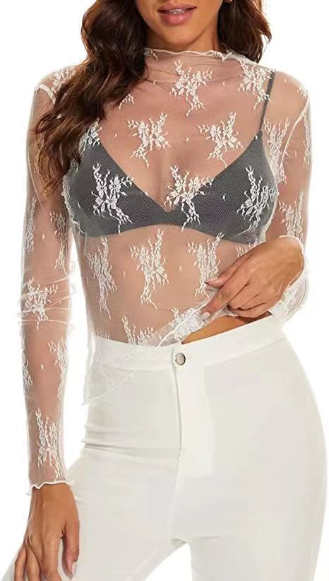 Lace Panel Mock Neck See Through Top - white