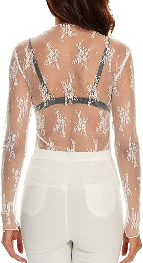 Lace Panel Mock Neck See Through Top - white - 2