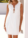 Sleeveless Tie Neck Pintuck Mini Dress - White