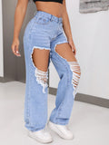 Distressed Cutout Wide Leg Jeans - Blue