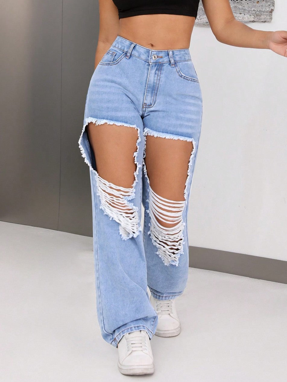 Distressed Cutout Wide Leg Jeans - Blue - 1
