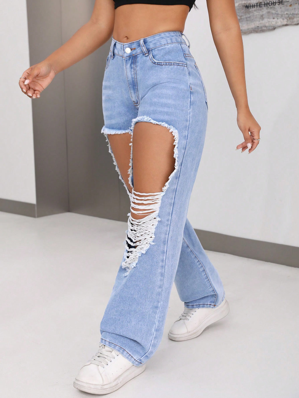 Distressed Cutout Wide Leg Jeans - Blue - 2