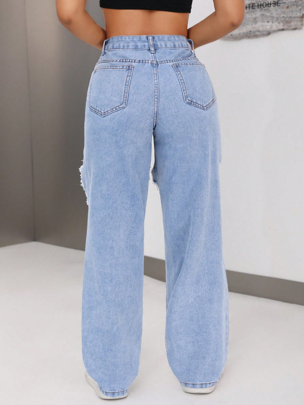 Distressed Cutout Wide Leg Jeans - Blue - 3