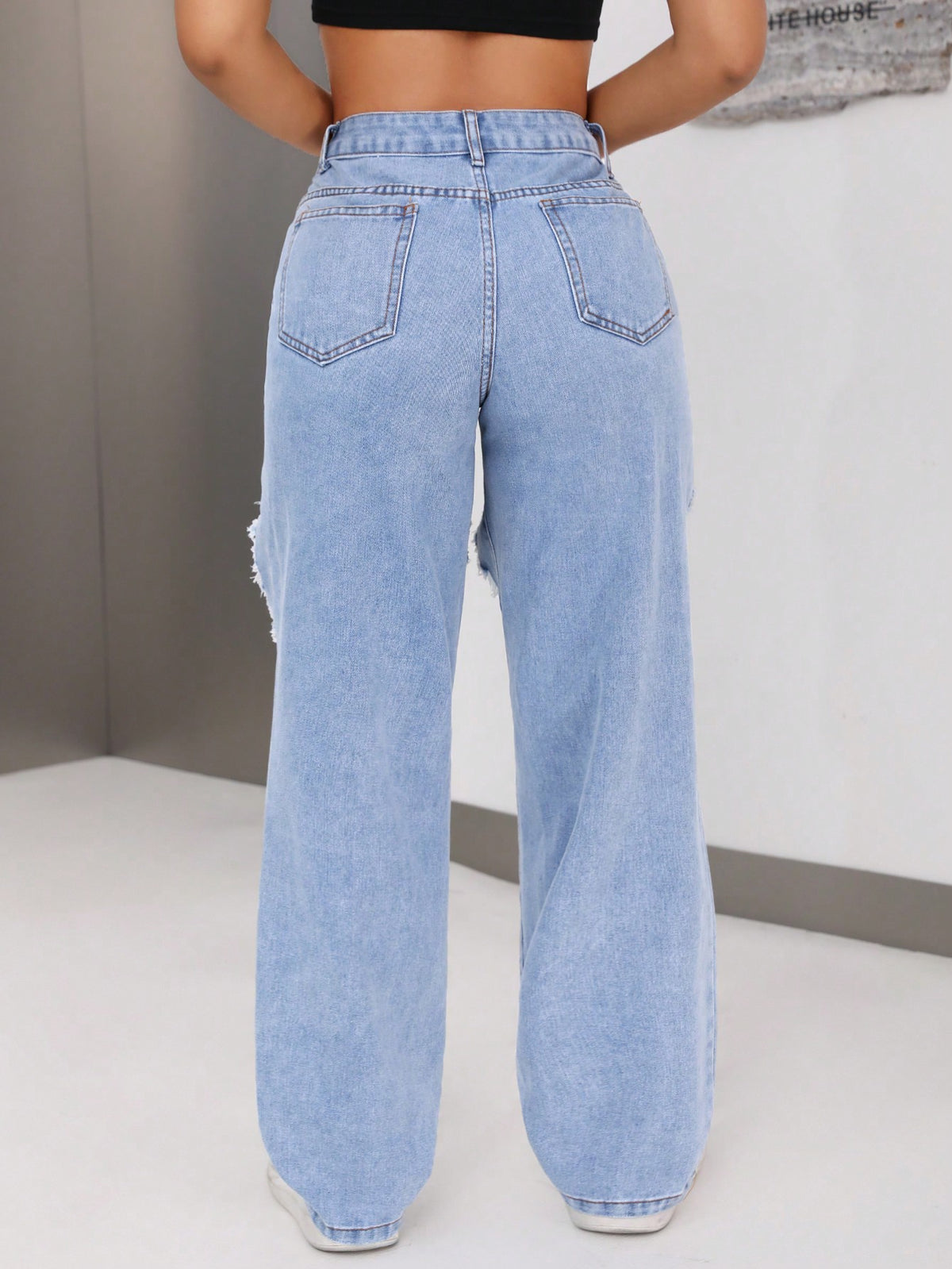 Distressed Cutout Wide Leg Jeans - Blue - 3