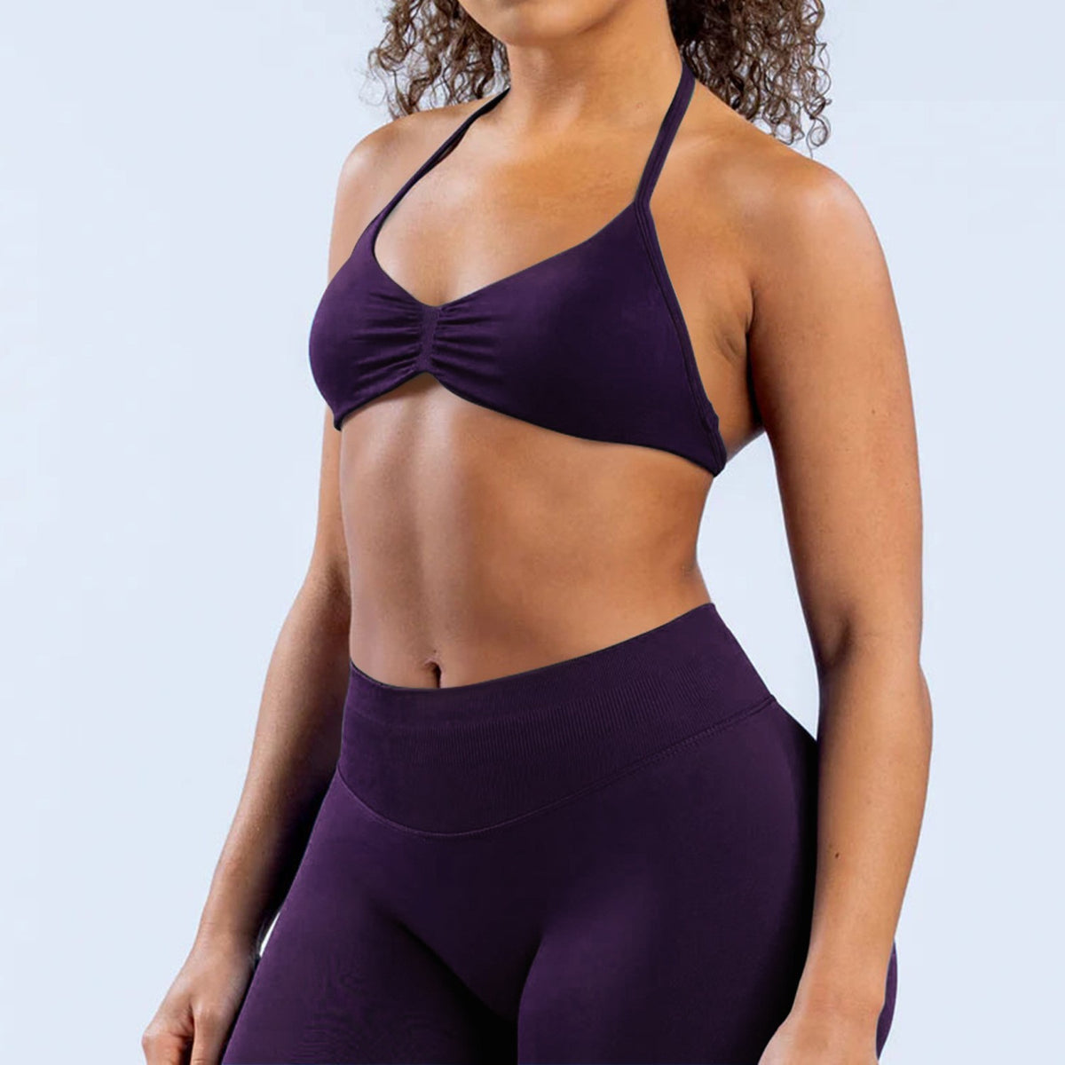 Seamless Ruched Halter Triangle Workout Sports Bra - Grape