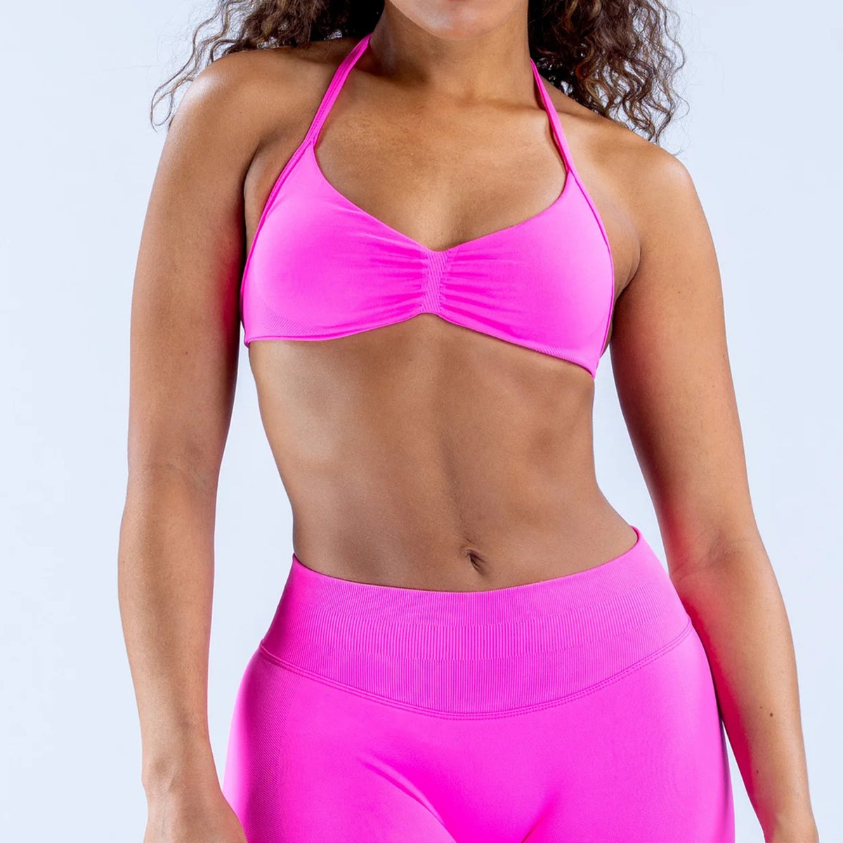 Seamless Ruched Halter Triangle Workout Sports Bra - Hot Magenta