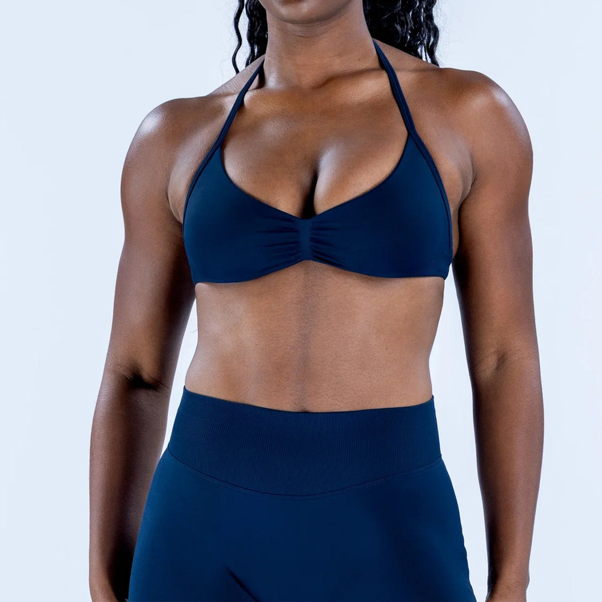 Seamless Ruched Halter Triangle Workout Sports Bra - Ink Navy