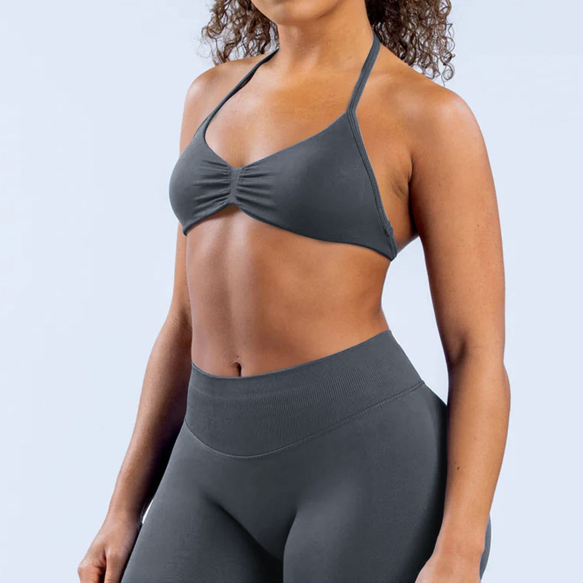 Seamless Ruched Halter Triangle Workout Sports Bra - Shark Gray