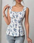 Floral Peplum Square Neck Tank Top - Decor