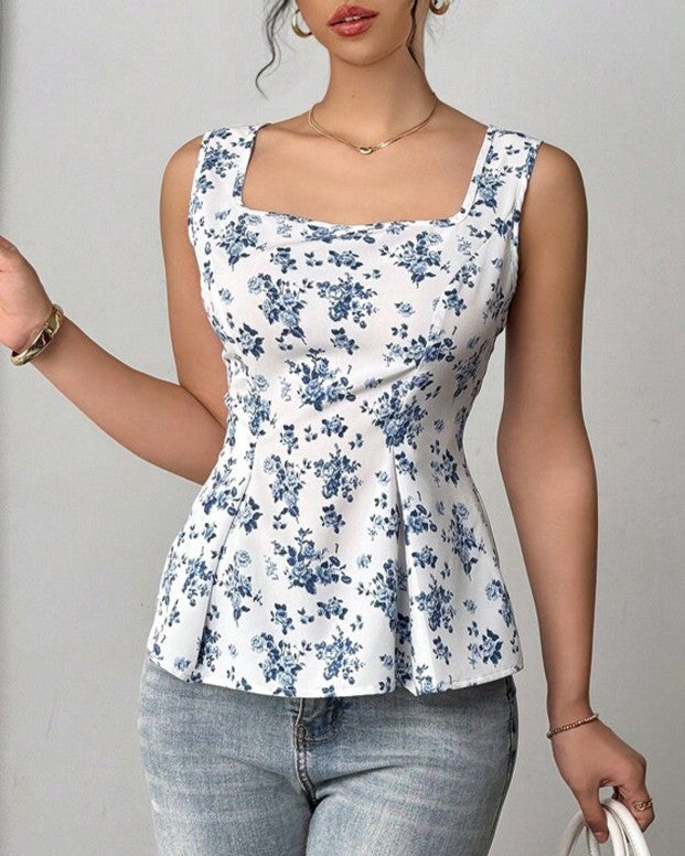Floral Peplum Square Neck Tank Top - Decor - 1