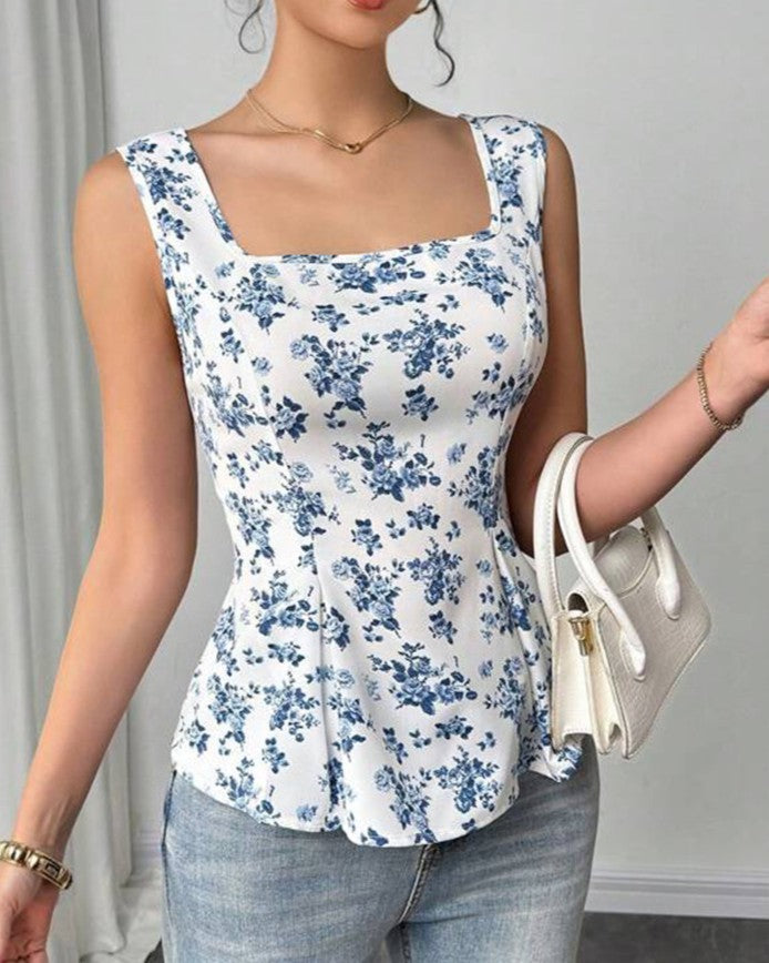Floral Peplum Square Neck Tank Top - Decor - 2