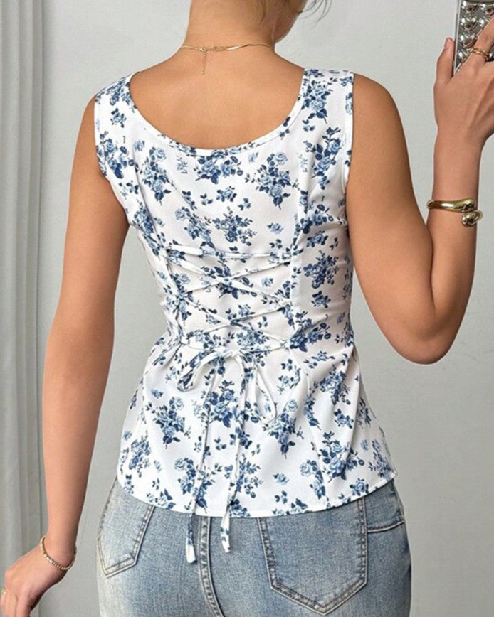 Floral Peplum Square Neck Tank Top - Decor - 3