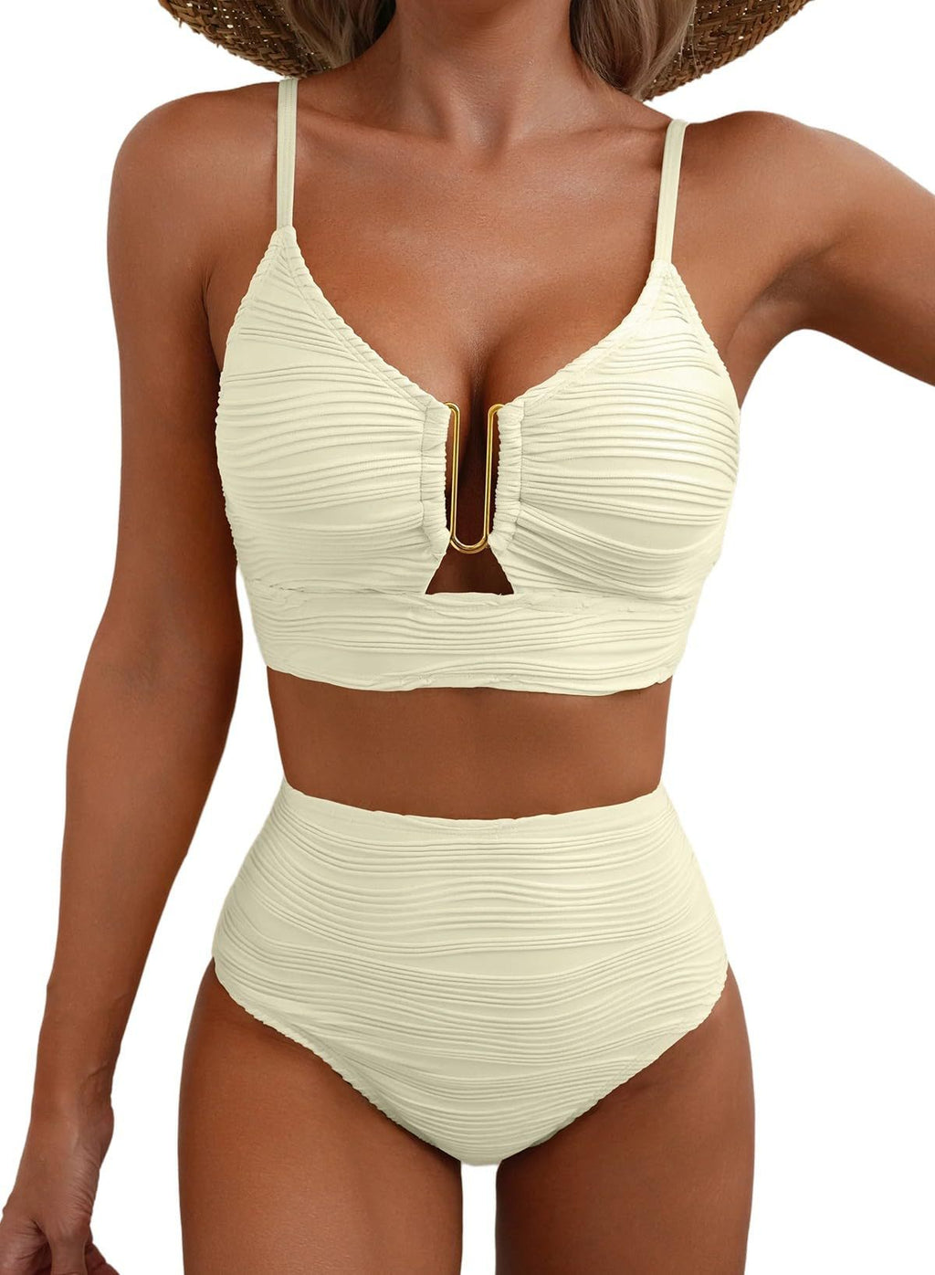 Ribbed Texture High Waist Bikini Set - Beige