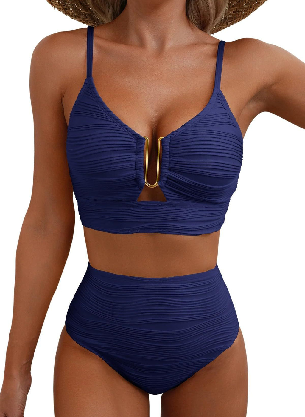 Ribbed Texture High Waist Bikini Set - Navy_Blue