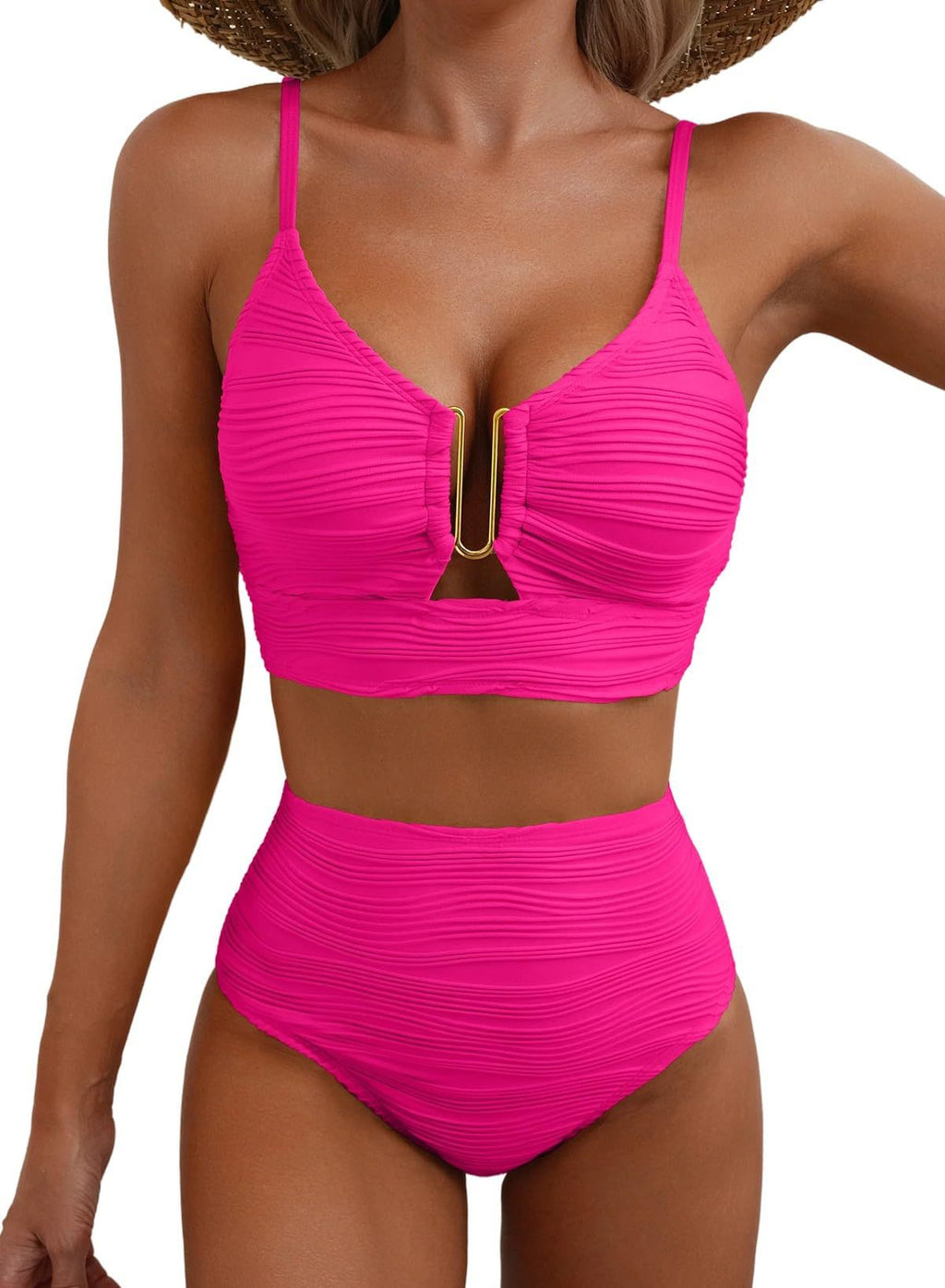 Ribbed Texture High Waist Bikini Set - Rose