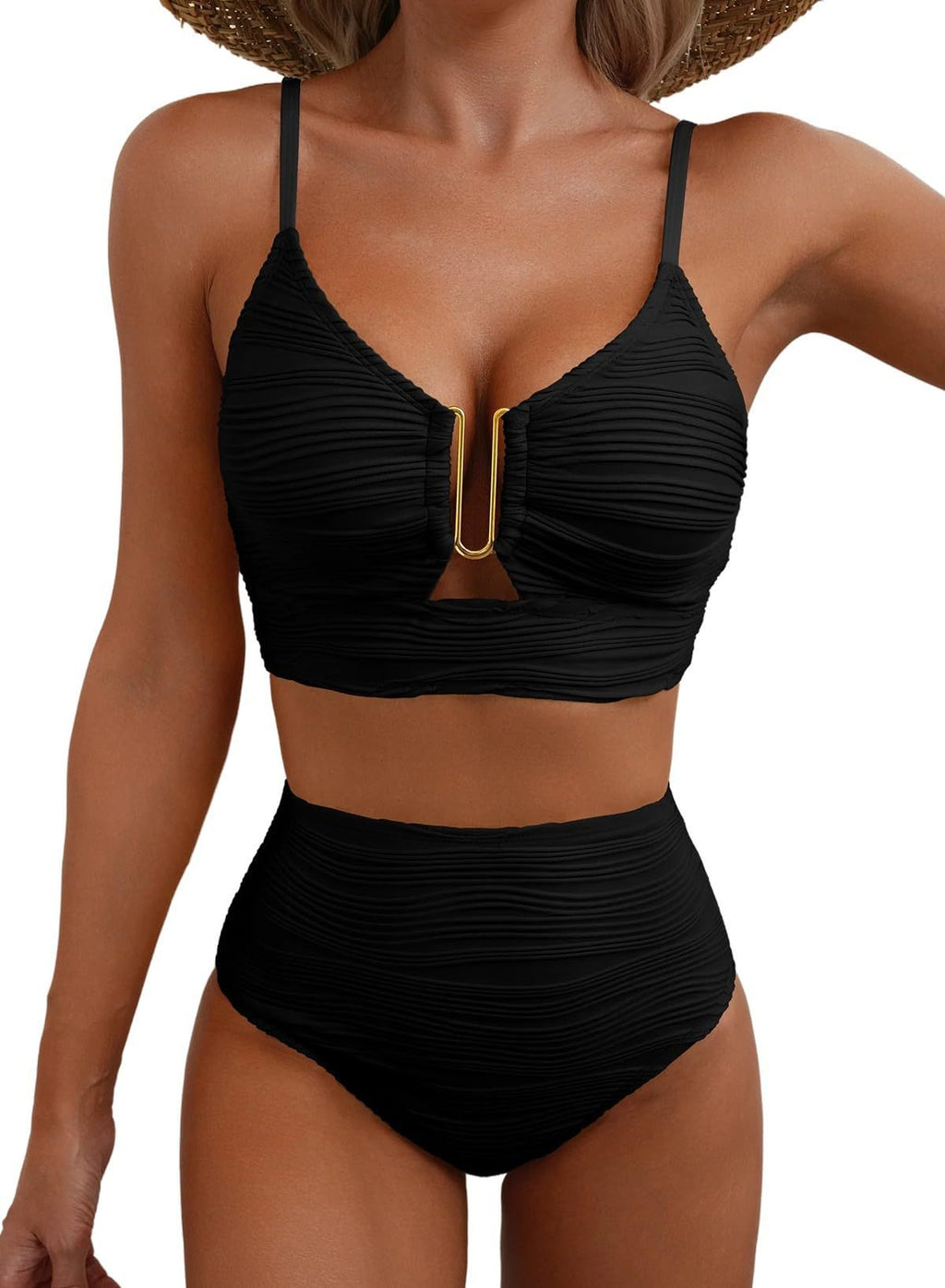 Ribbed Texture High Waist Bikini Set - black