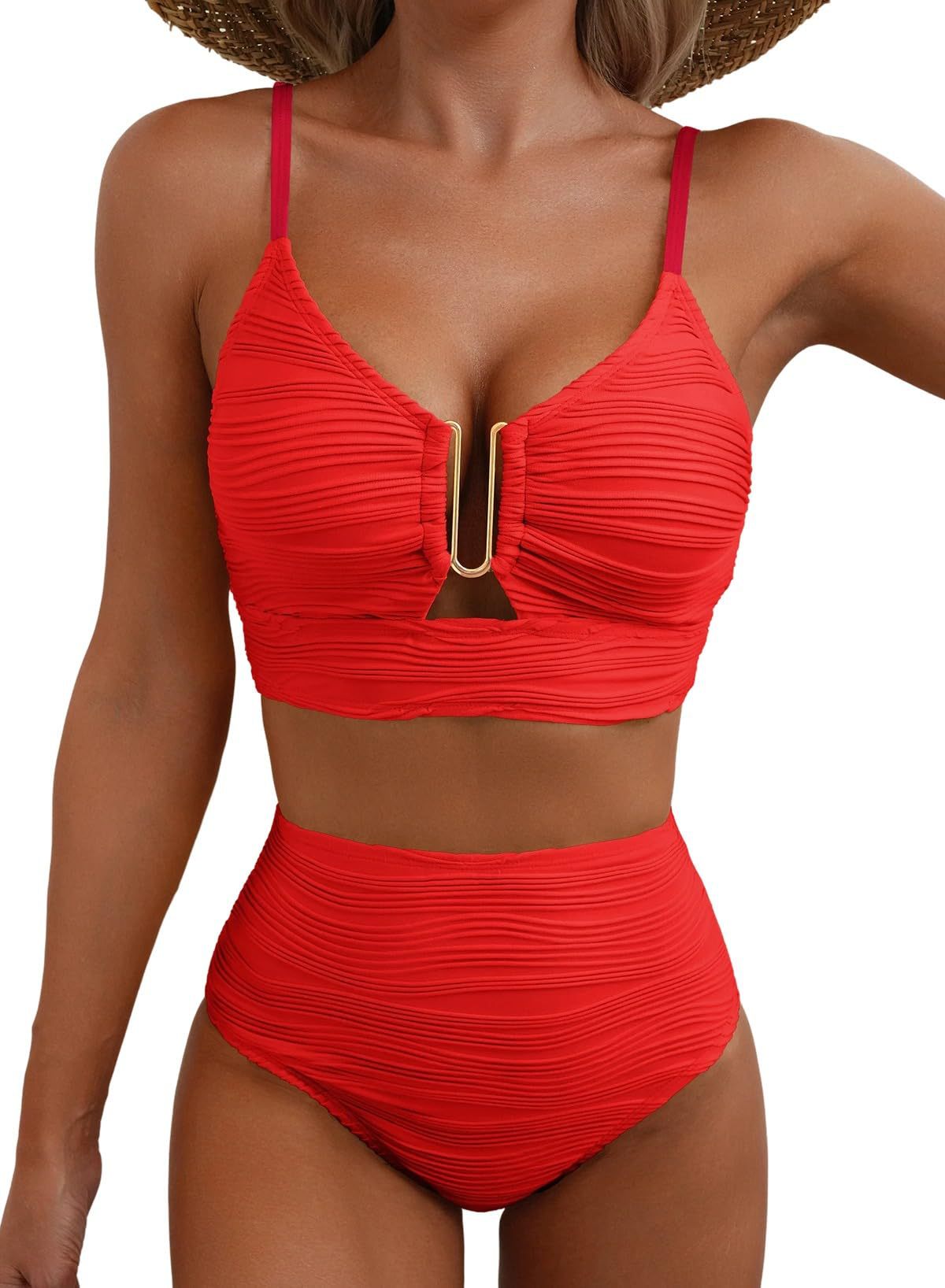 Ribbed Texture High Waist Bikini Set - red