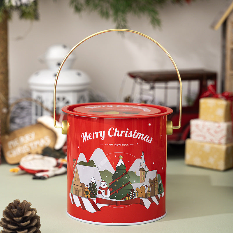 Christmas Treat Tin Pail with Lid and Wire Handle - D