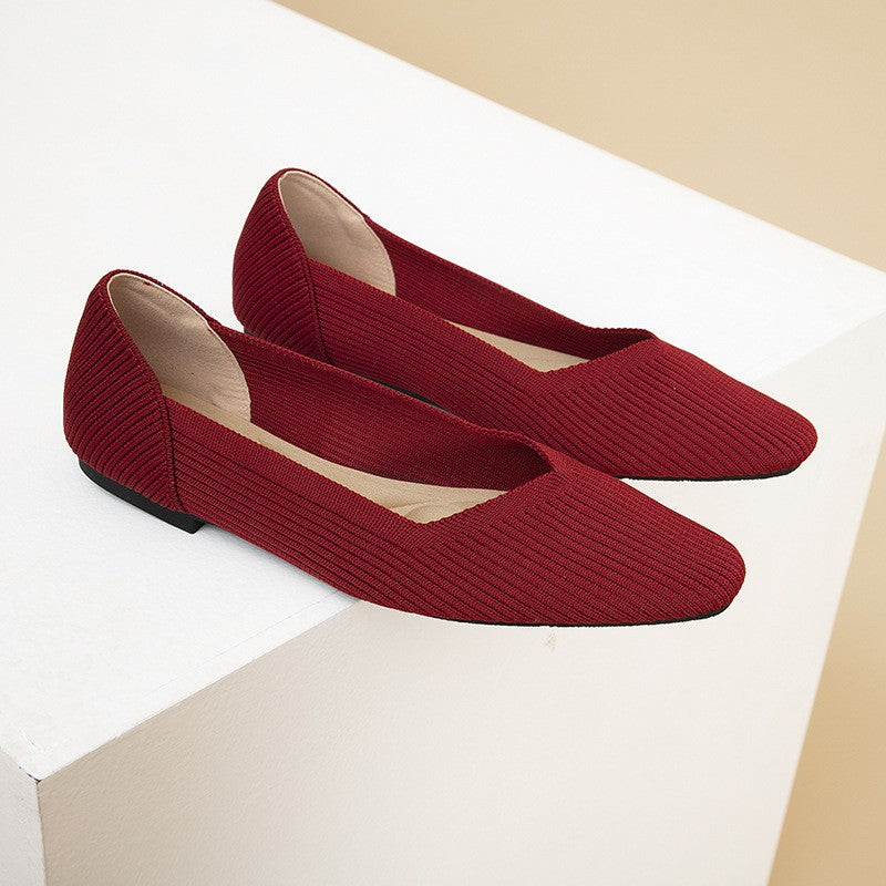 Soft Square Toe Knit Ballet Flats - Burgundy