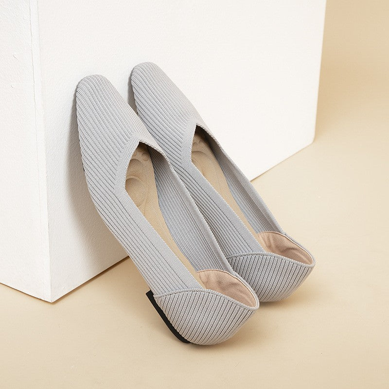 Soft Square Toe Knit Ballet Flats - Light Gray