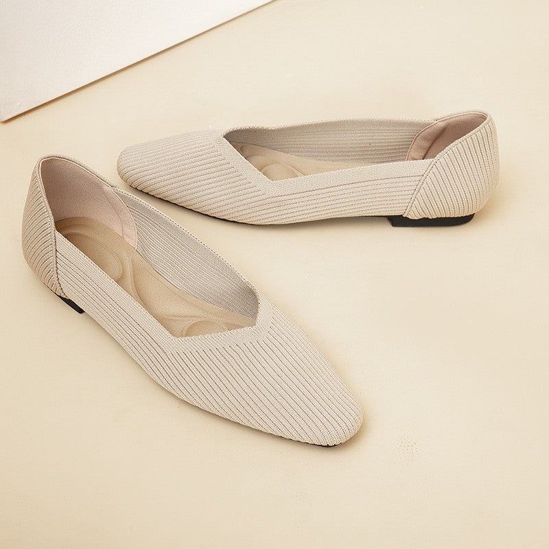 Soft Square Toe Knit Ballet Flats - Oatmeal