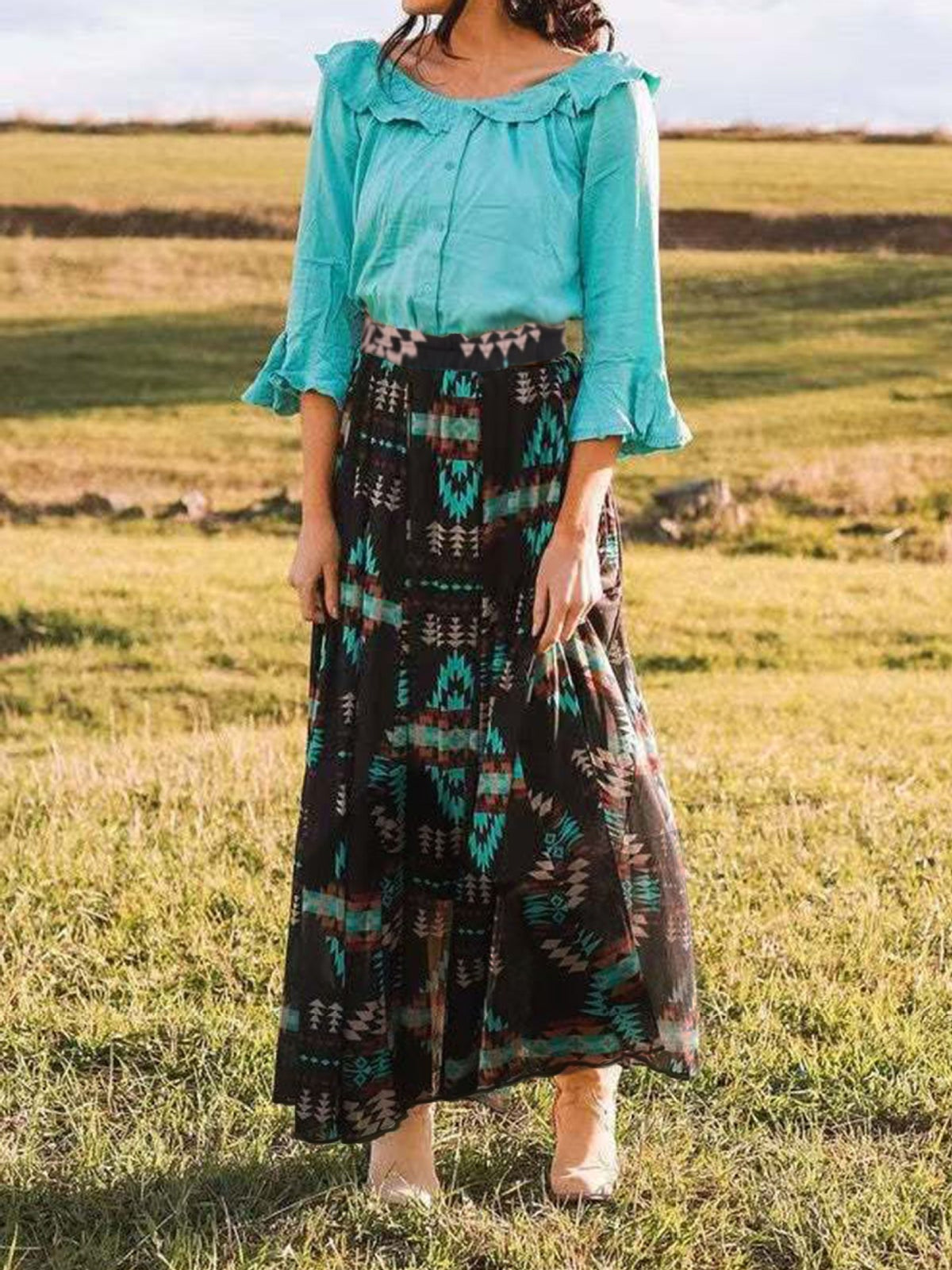 Aztec Print Tiered Maxi Skirt - black