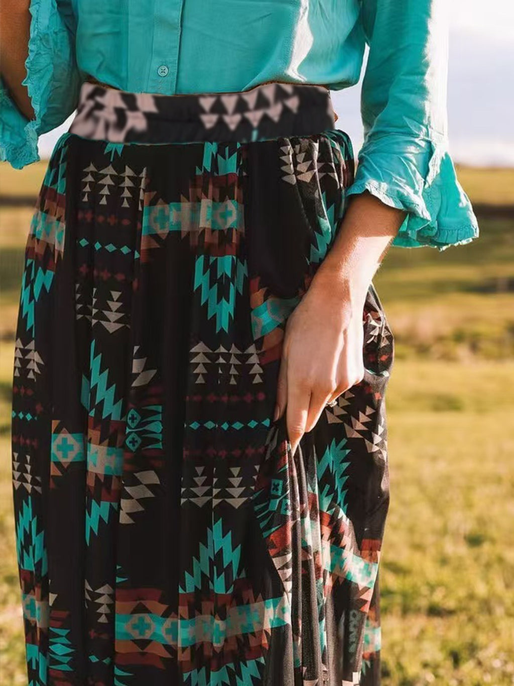 Aztec Print Tiered Maxi Skirt - black - 5