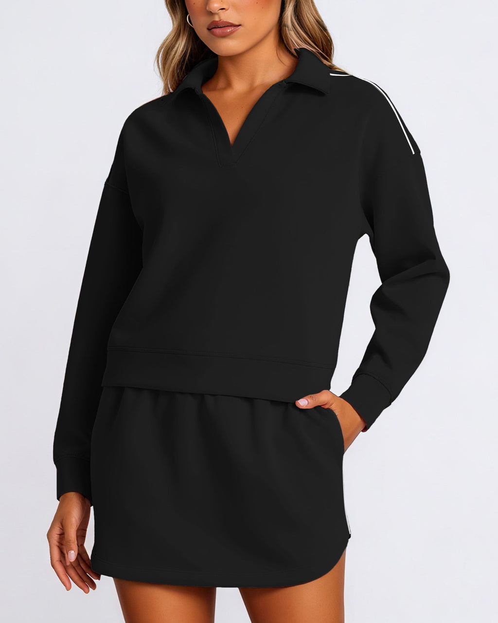 Collared Pullover And Mini Skirt Set - Black - 1