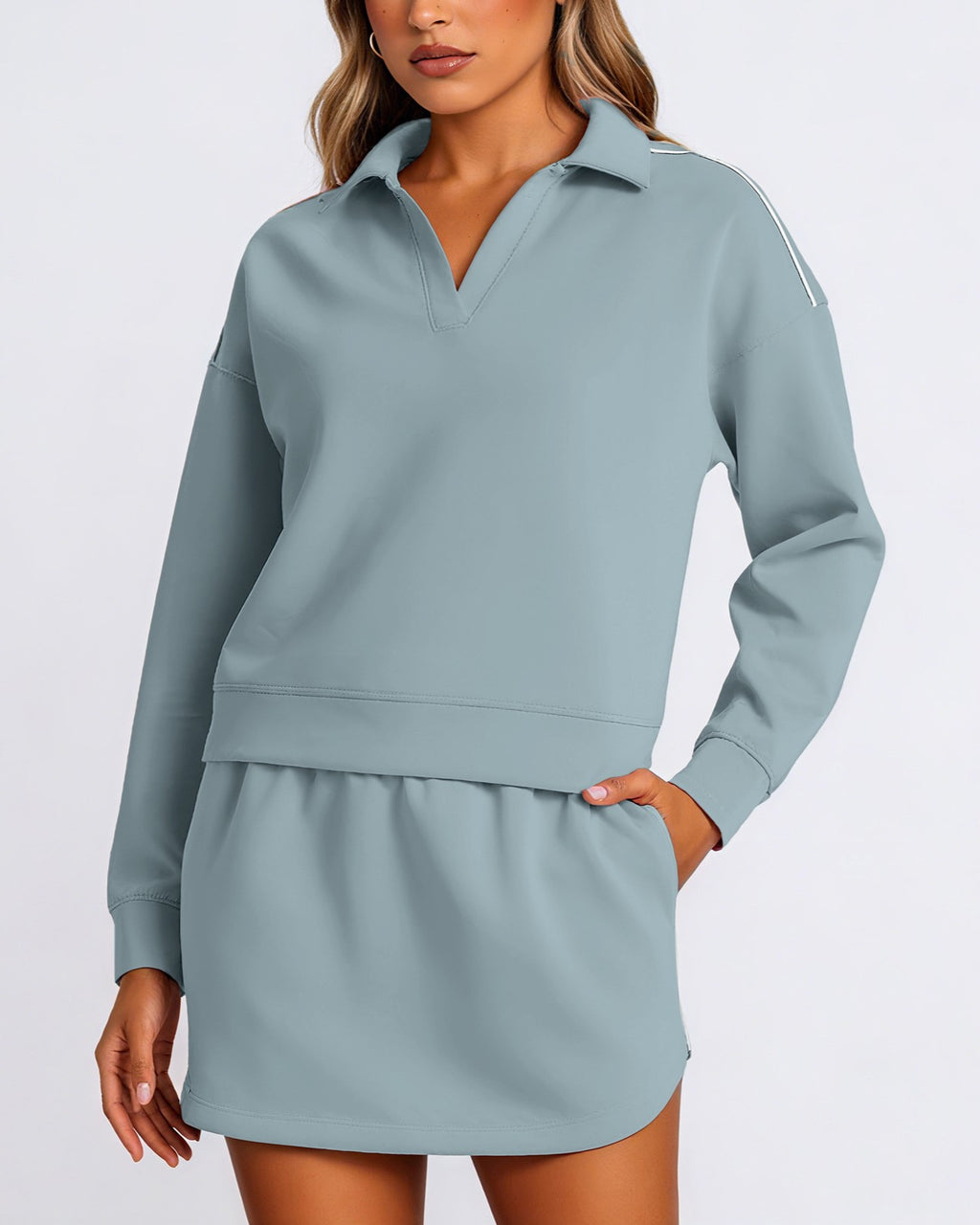 Collared Pullover And Mini Skirt Set - Blue