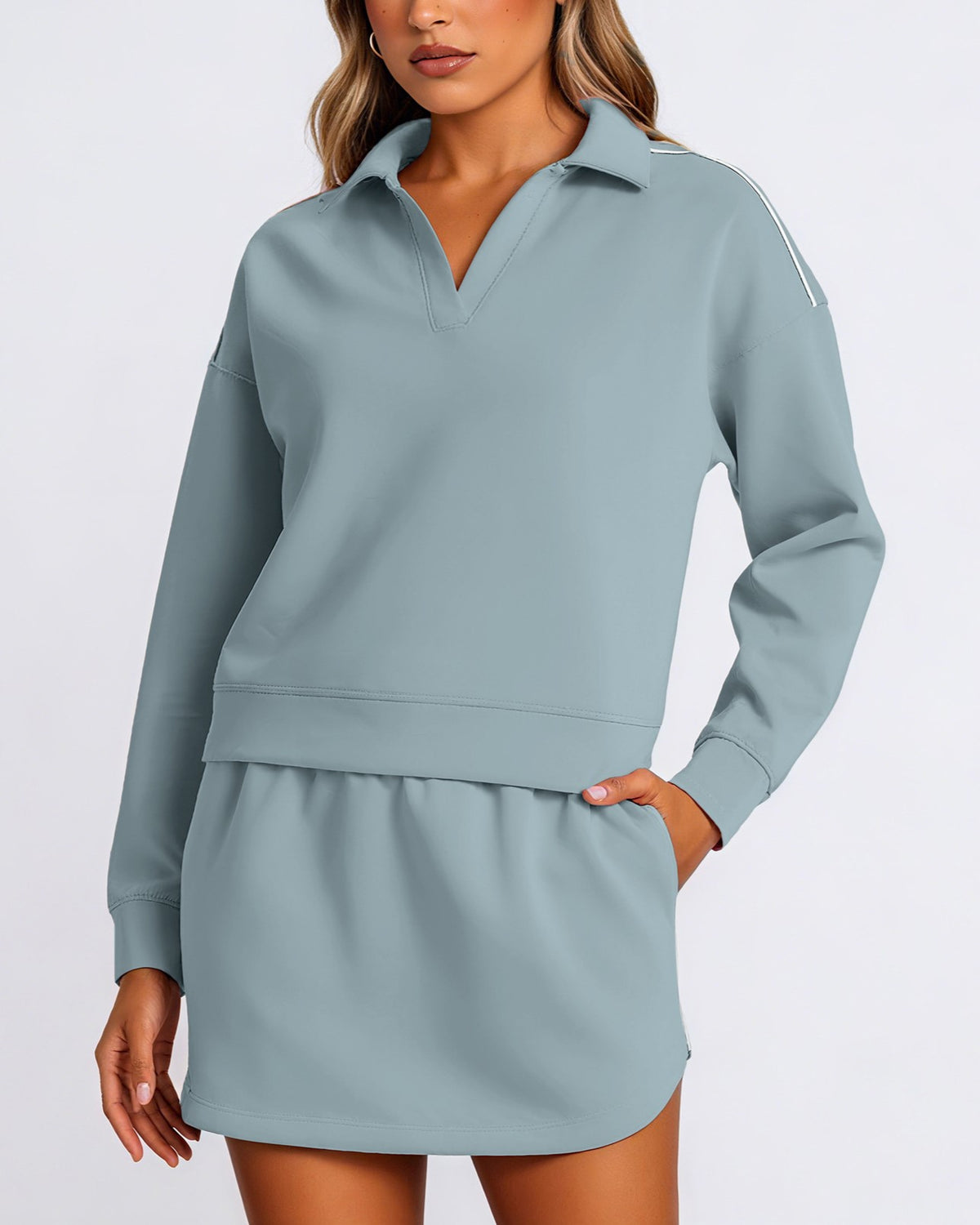 Collared Pullover And Mini Skirt Set - Blue