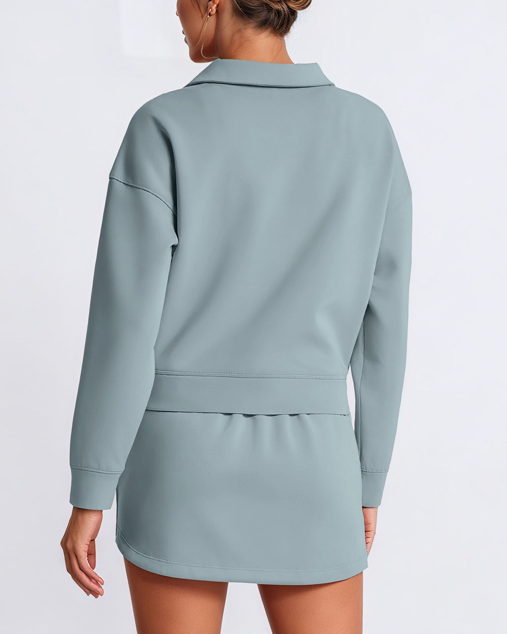 Collared Pullover And Mini Skirt Set - Blue - 1