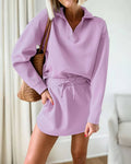 Collared Pullover And Mini Skirt Set - Purple