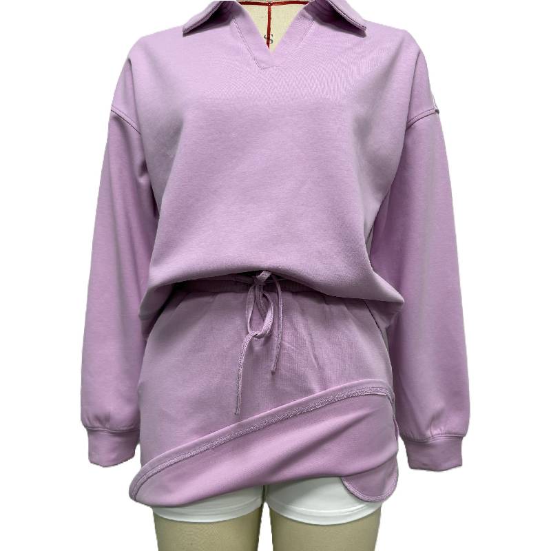 Collared Pullover And Mini Skirt Set - Purple - 2